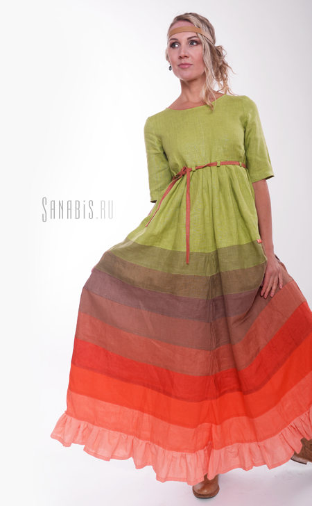 Платье из льна "Зеленое с красным"