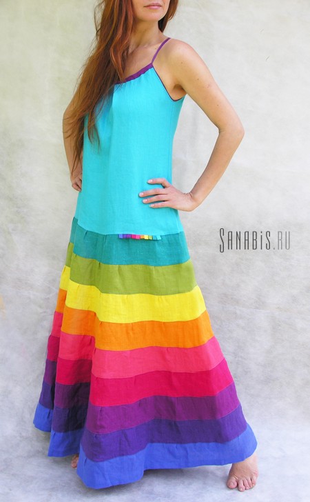 Радужное платье-сарафан из льна с бирюзой